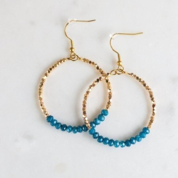 Blue Apatite Sparkly Gold Hoop Earrings Fun dangle party earrings gift for her - Picture 9 of 9